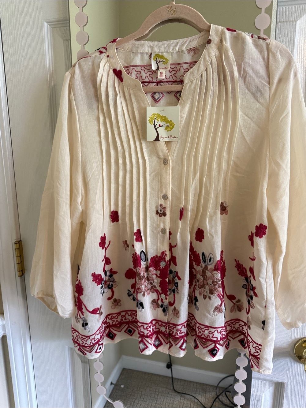 fig and flower Cream Tunic with Red Floral Embroidery